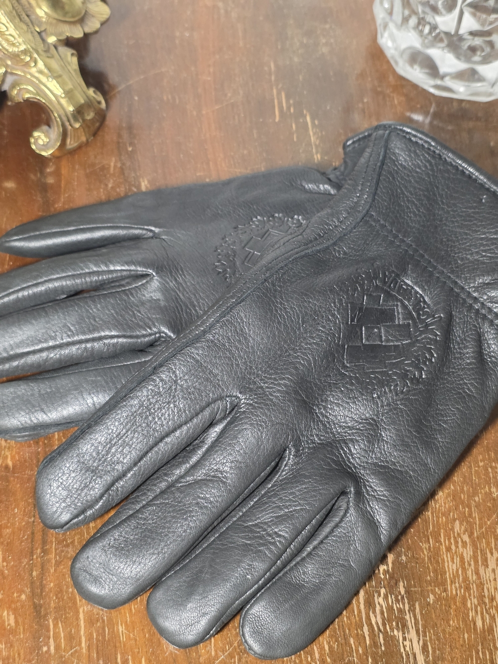 Men's Black Leather Gloves with Embossed Crest